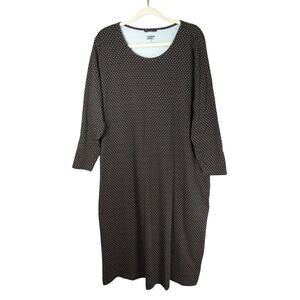 Lands End Dress Womens Plus 1X Black Polka Dot Cotton Knit Long Sleeve